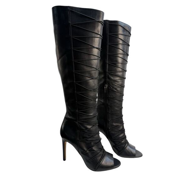 Vince Camuto Women's 7.5 Kentra Black Knee High Stiletto Boots Leather Peep Toe - Picture 1 of 16